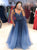 A Line Dark Blue Spaghetti Straps Tulle Pleats Prom Dress TS1341