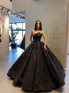 Black Ball Gown Sequin Strapless Pleats Prom Dress VN1161