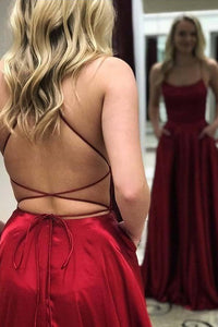 Simple A Line Spaghetti Straps Sweep Train Backless Sleeveless Long Satin Prom Dress With Pockets OHC271 | Cathyprom