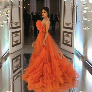 Orange Ruffles Strapless Tulle Sweep Train Prom Dress RK3624