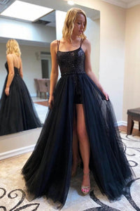 Black A Line Tulle Long Prom Dress with Sequins, Formal Evening Dress SNH014