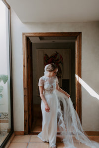 Sheath Short Sleeve Wedding Dress Unique Lace Bohoemian Wedding Dress Bridal Gown YRL114|CathyProm