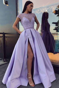 Chic Satin Short Sleeve Scoop Split Beads Purple Slit Open Back Long Prom Dresses CAW61