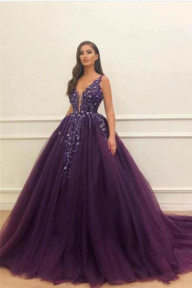 Elegant Purple Tulle V-neck Neckline Floor-length Ball Gown Prom Dress cathyprom Elegant Purple Tulle V-neck Neckline Floor-length Ball Gown Prom Dress cathyprom